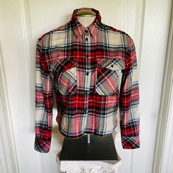 Gap Cropped Plaid Flannel Long Sleeve Shirt - Picture 3 of 16